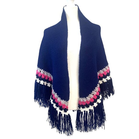 American Vintage Sweaters - Vintage Handmade Crochet Knit Boho Fringe Poncho Cape Ladies Small/MED  Hippie